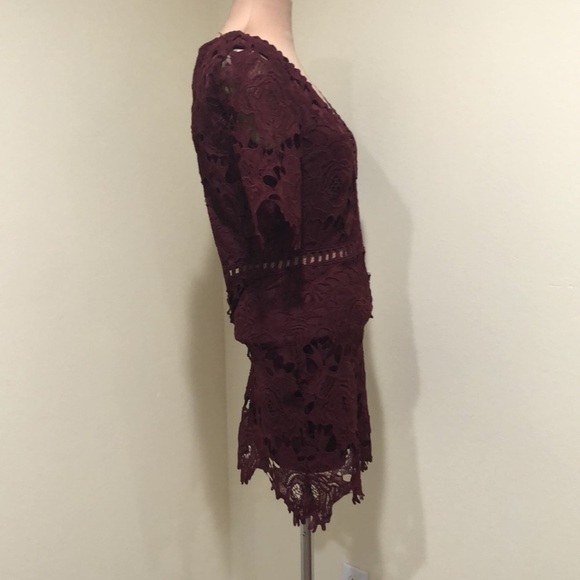 Urban Outfitters Mini Dress Size XS Burgundy Red Floral Guipure Lace - Picture 4 of 10
